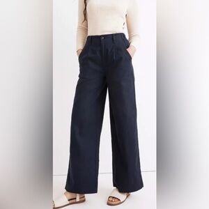 MADEWELL Petite Cotton-Linen Pleated Wide-Leg Pants in Navy 4P NWT $98 NE117